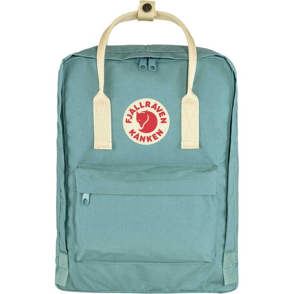 A sky blue fjallraven backpack with the iconic circle logo patch on the front, a main compartment, two side compartments, and a front compartment, and two shoulder straps and a top strap.